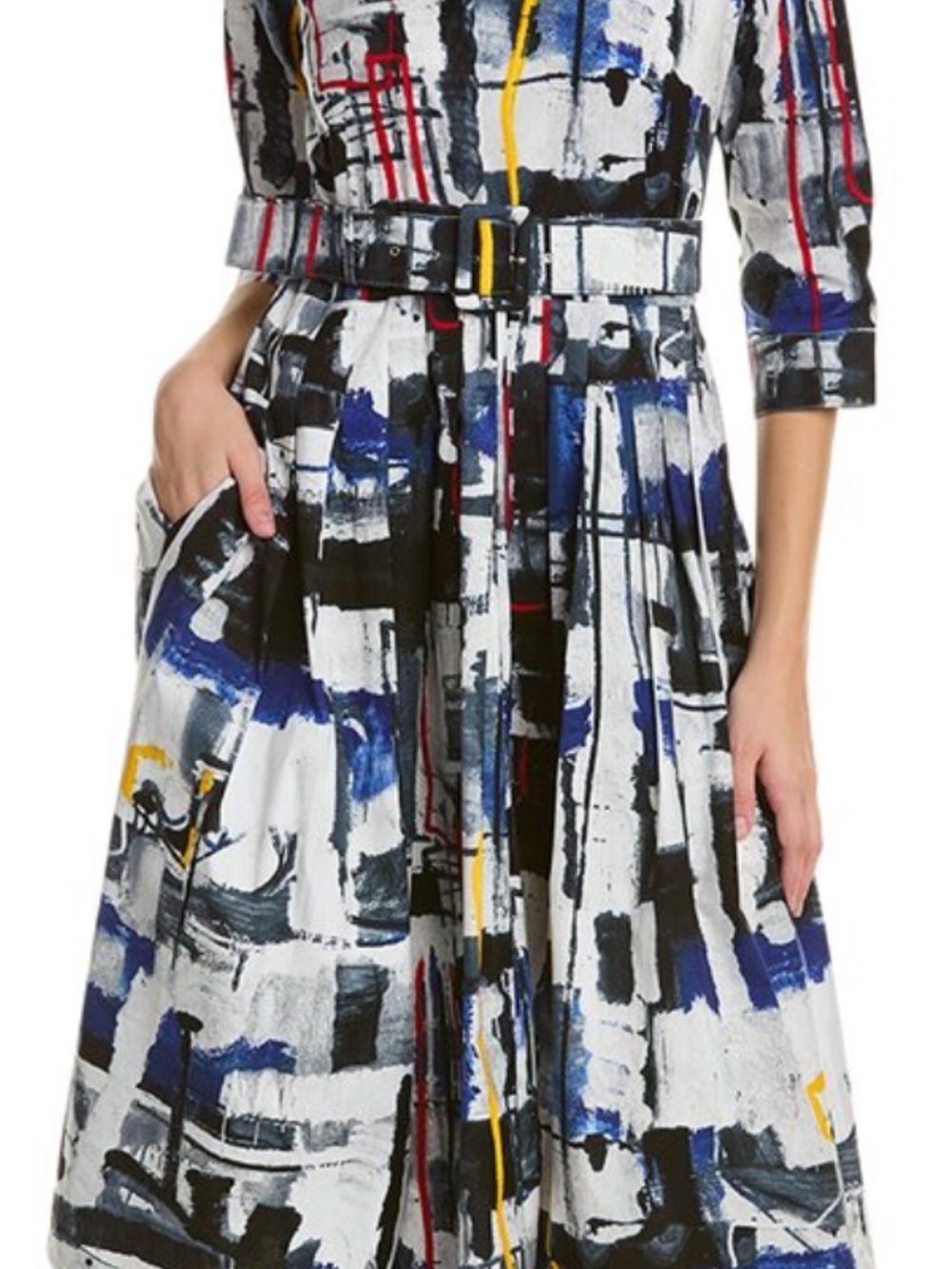 Samantha Sung Abstract Print Belted Midi Dress in Blue & White
